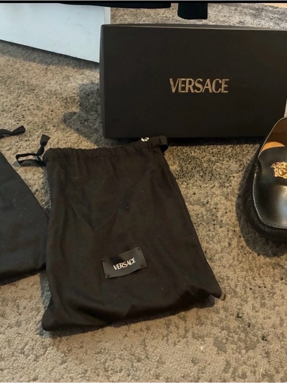 Versace Black Leather Loafers with Gold Medusa Accent